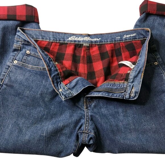 Eddie Bauer Jeans Mens 34x30 Flannel Lined Red Buffalo Plaid Straight Leg - Picture 1 of 8